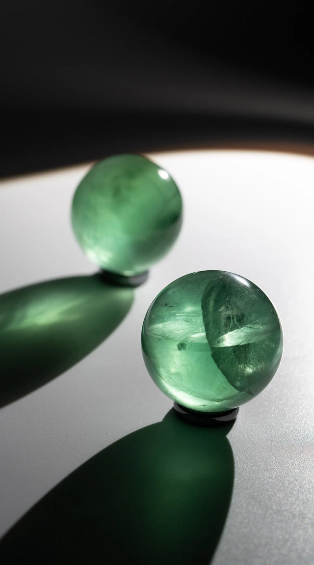 Grüne Fluorit Kugeln im Licht